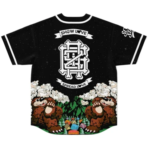 Back view showing bone-lettered emblem, Show Love Spread Love banners, and cartoon bear campsite design