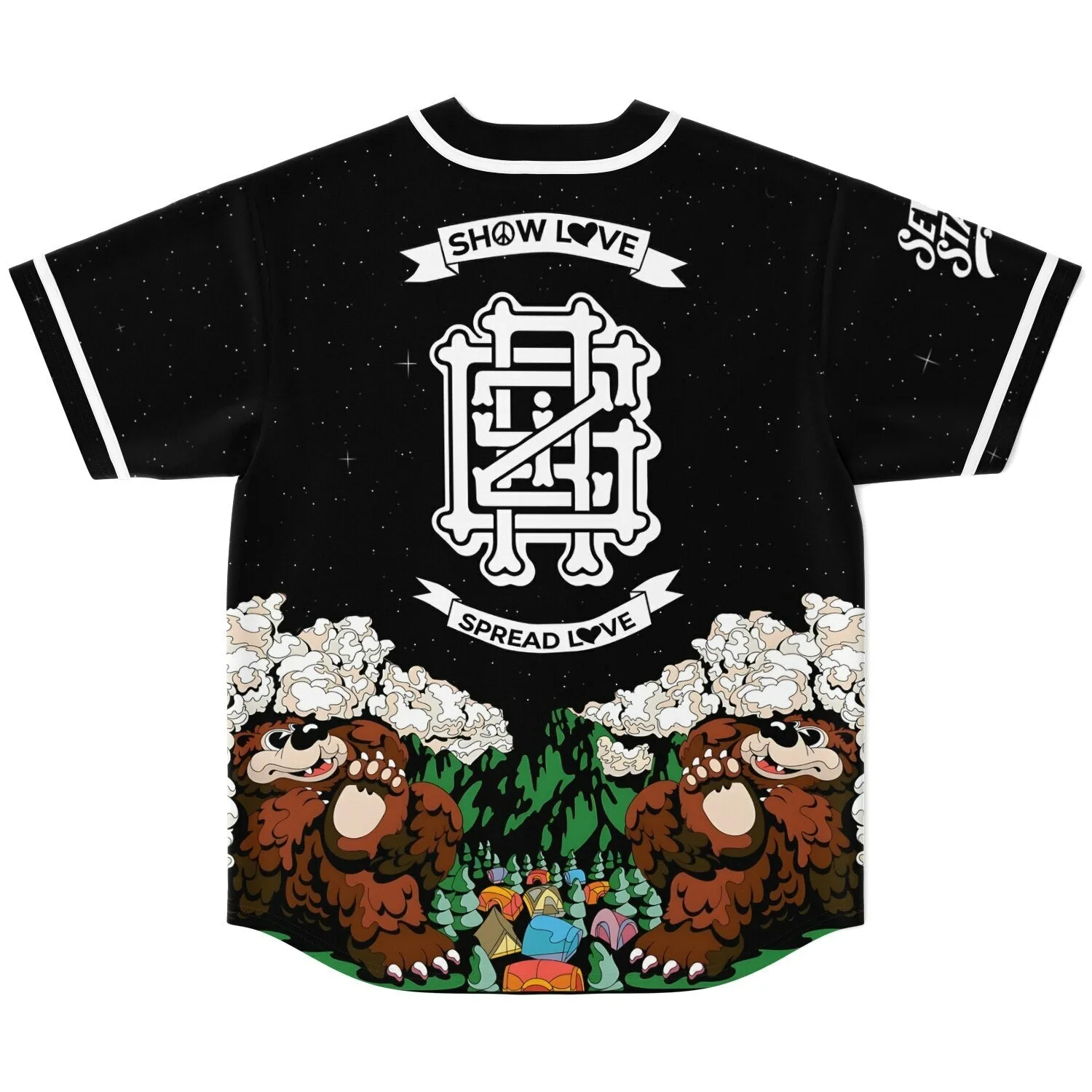 Back view showing bone-lettered emblem, Show Love Spread Love banners, and cartoon bear campsite design