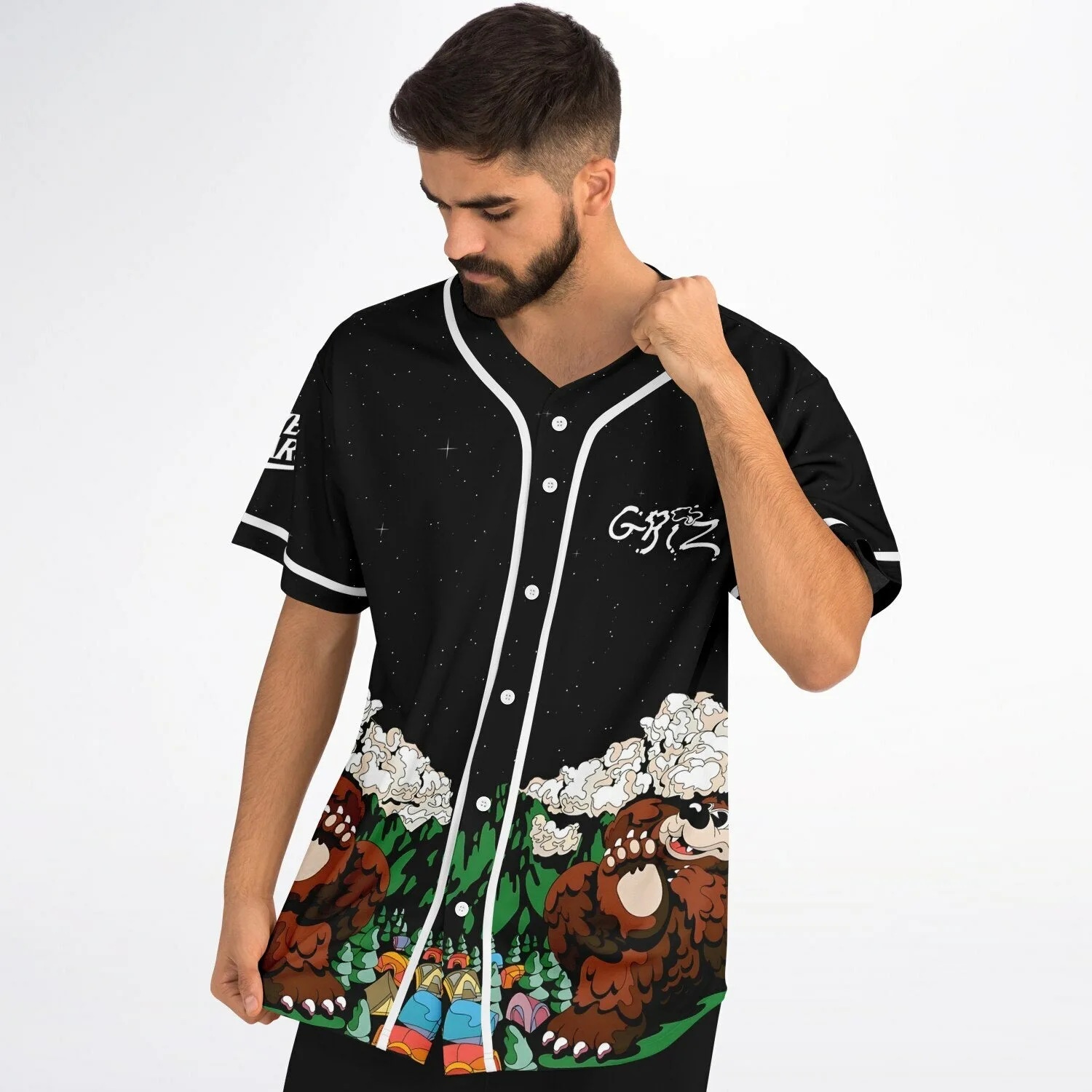 Close-up of mirrored cartoon bear design with cloud smoke, green mountains, and colorful camping tents