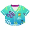 Teal-to-blue cartoon crop baseball jersey with flower graphics and cartoon-style capped character on chest, front view