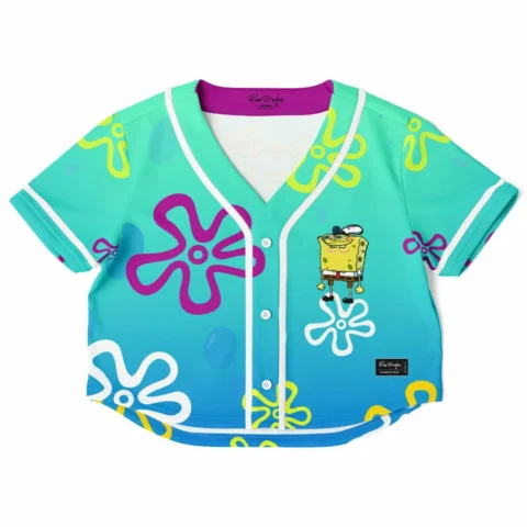 Teal-to-blue cartoon crop baseball jersey with flower graphics and cartoon-style capped character on chest, front view