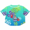 Back view of cartoon crop baseball jersey showing yellow bubble text and cartoon-style crab character on teal-blue gradient
