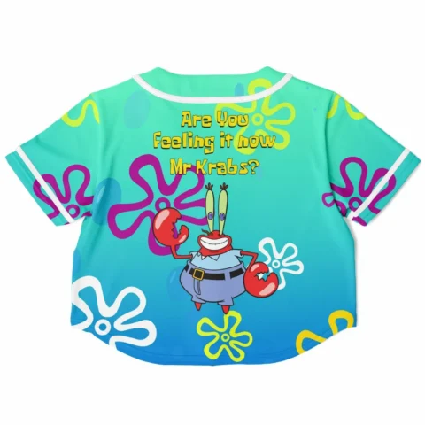 Back view of cartoon crop baseball jersey showing yellow bubble text and cartoon-style crab character on teal-blue gradient