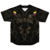 Front view of black Colombia rave baseball jersey with gold contour print and mountain graphic