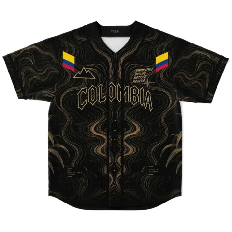 Front view of black Colombia rave baseball jersey with gold contour print and mountain graphic