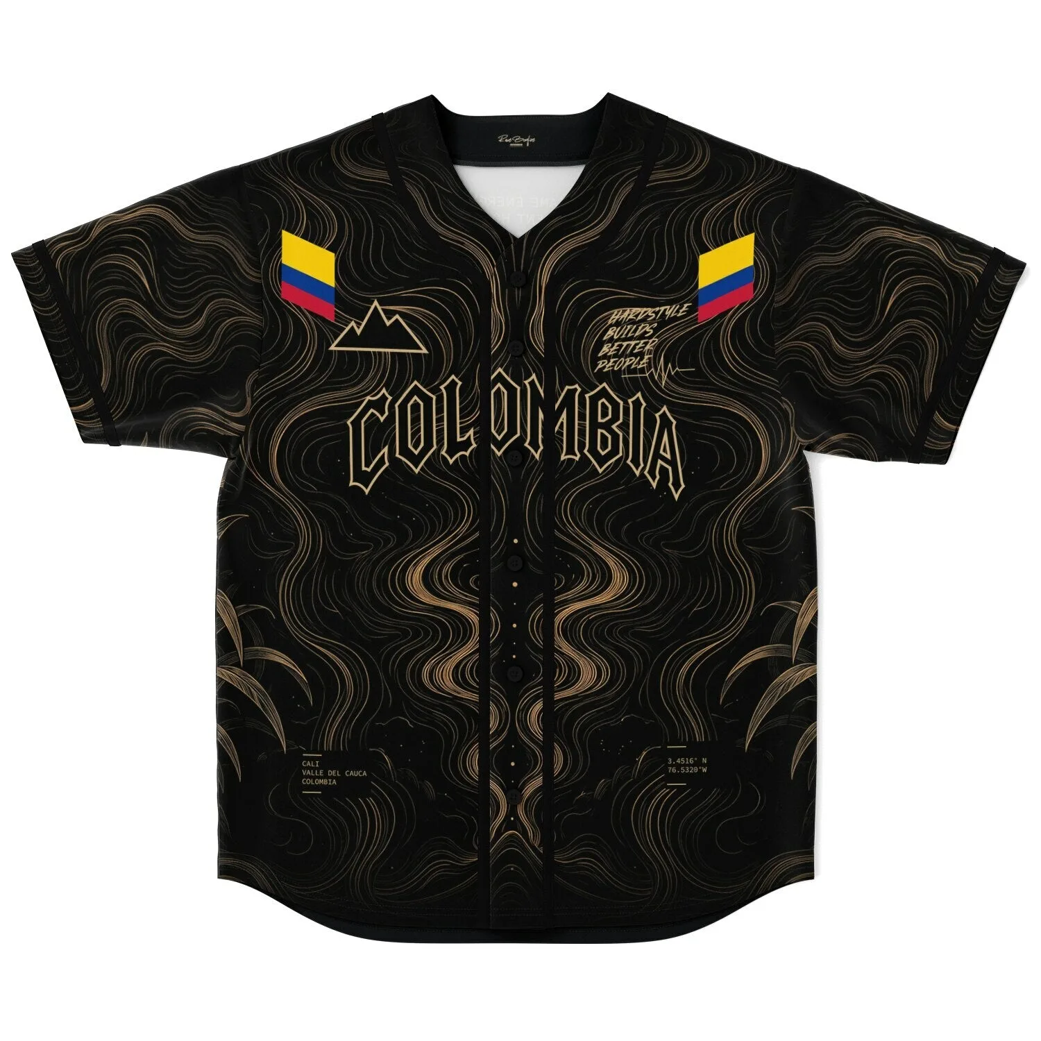 Front view of black Colombia rave baseball jersey with gold contour print and mountain graphic