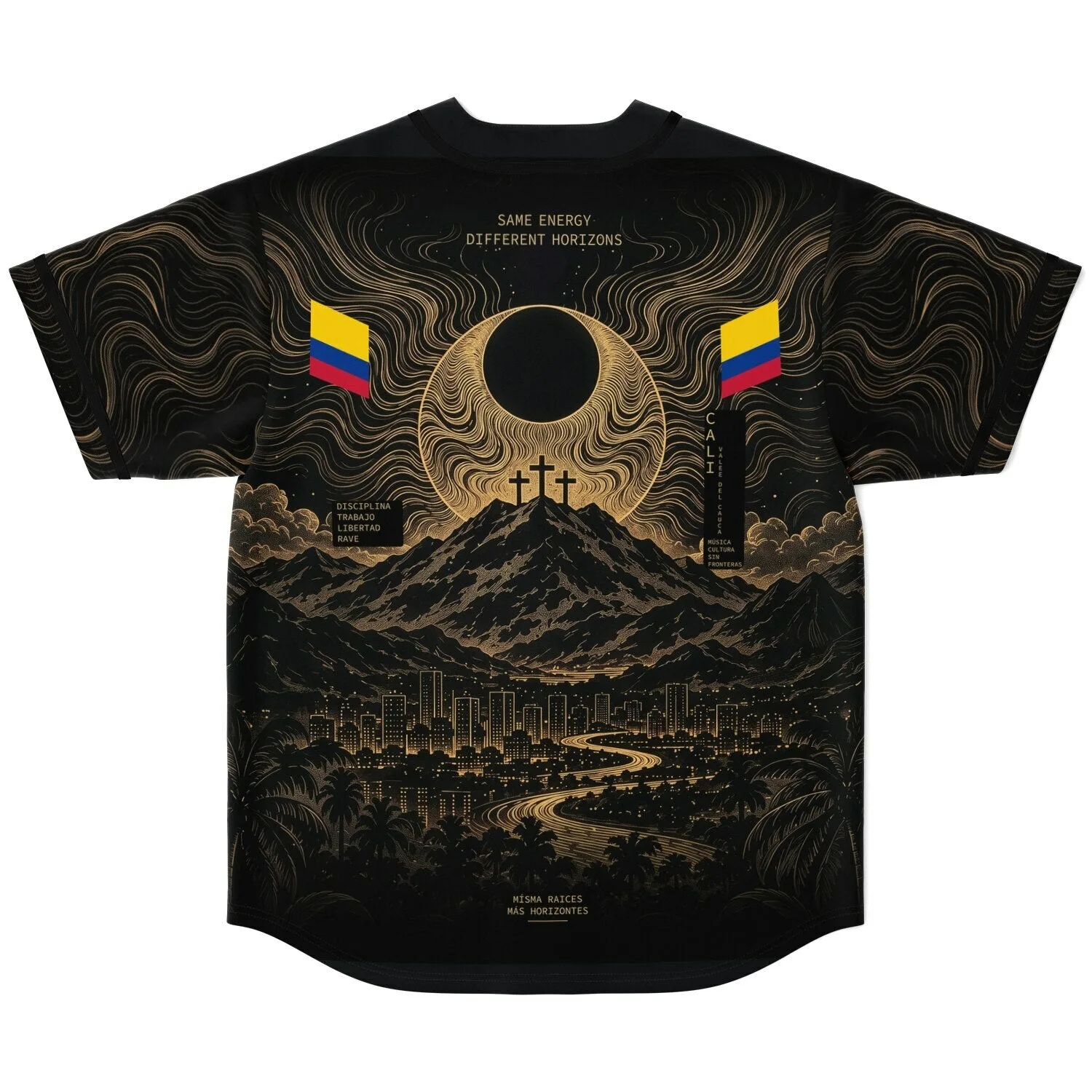 Back view showing moon and mountain artwork with Same Energy Different Horizons text
