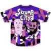 Back view of purple and pink custom cartoon baseball jersey with Skrump City text print and two caricature faces