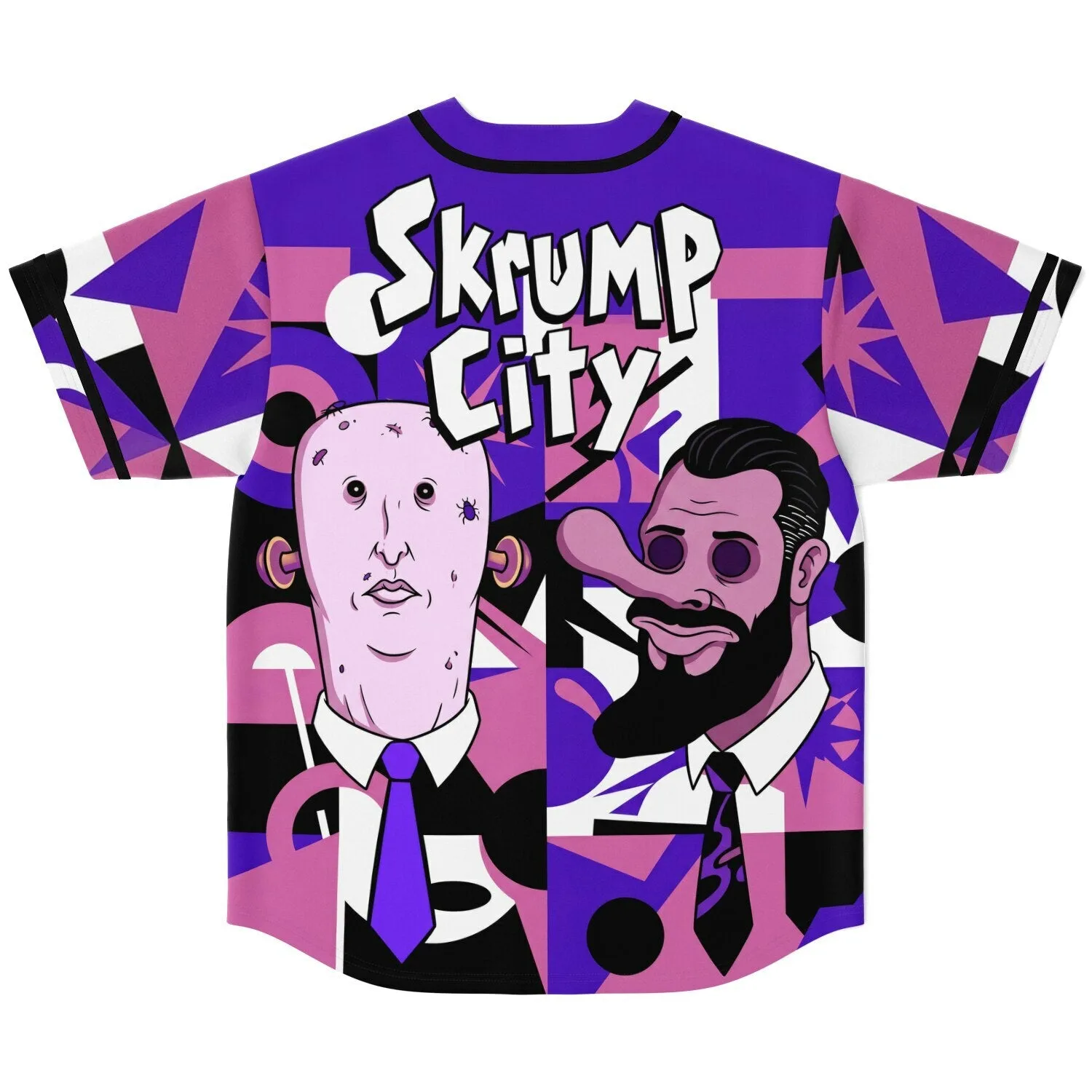 Back view of purple and pink custom cartoon baseball jersey with Skrump City text print and two caricature faces