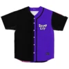 Front view of black and purple button-up cartoon baseball jersey with Skrump City chest logo