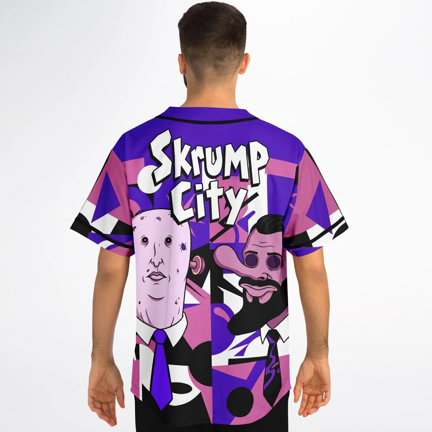 Model wearing custom cartoon baseball jersey showing full back print and geometric colorblock sleeves