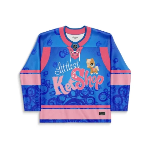 Front view of blue and pink custom cartoon hockey jersey with swirl print and critter graphic