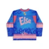 Back view of custom cartoon hockey jersey personalized with the name Elsa in pink script
