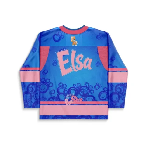 Back view of custom cartoon hockey jersey personalized with the name Elsa in pink script