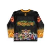 Back view of custom dragon hockey jersey with orange bubble text, green dragon, and galaxy-print character crowd
