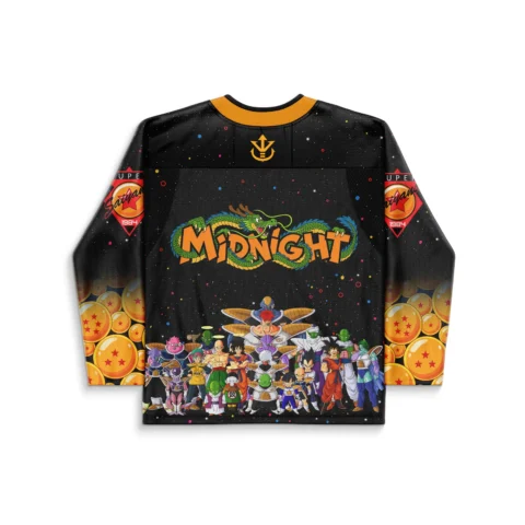 Back view of custom dragon hockey jersey with orange bubble text, green dragon, and galaxy-print character crowd