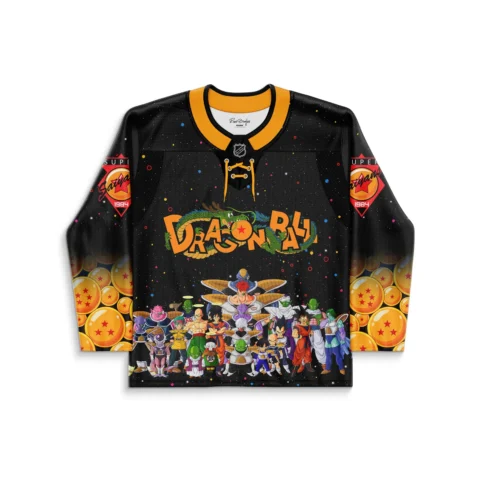 Front view of custom dragon hockey jersey with orange lace-up collar, star-sphere sleeve print, and anime-style character lin