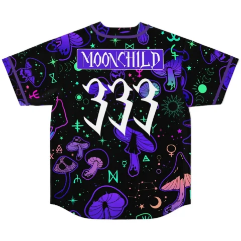 rave baseball jersey — psychedelic mushrooms, black – back view