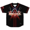 Black custom rave baseball jersey with red trim and 'STARSTRUCK' galaxy skyline chest print