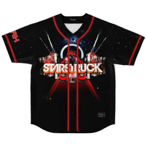 Black custom rave baseball jersey with red trim and 'STARSTRUCK' galaxy skyline chest print