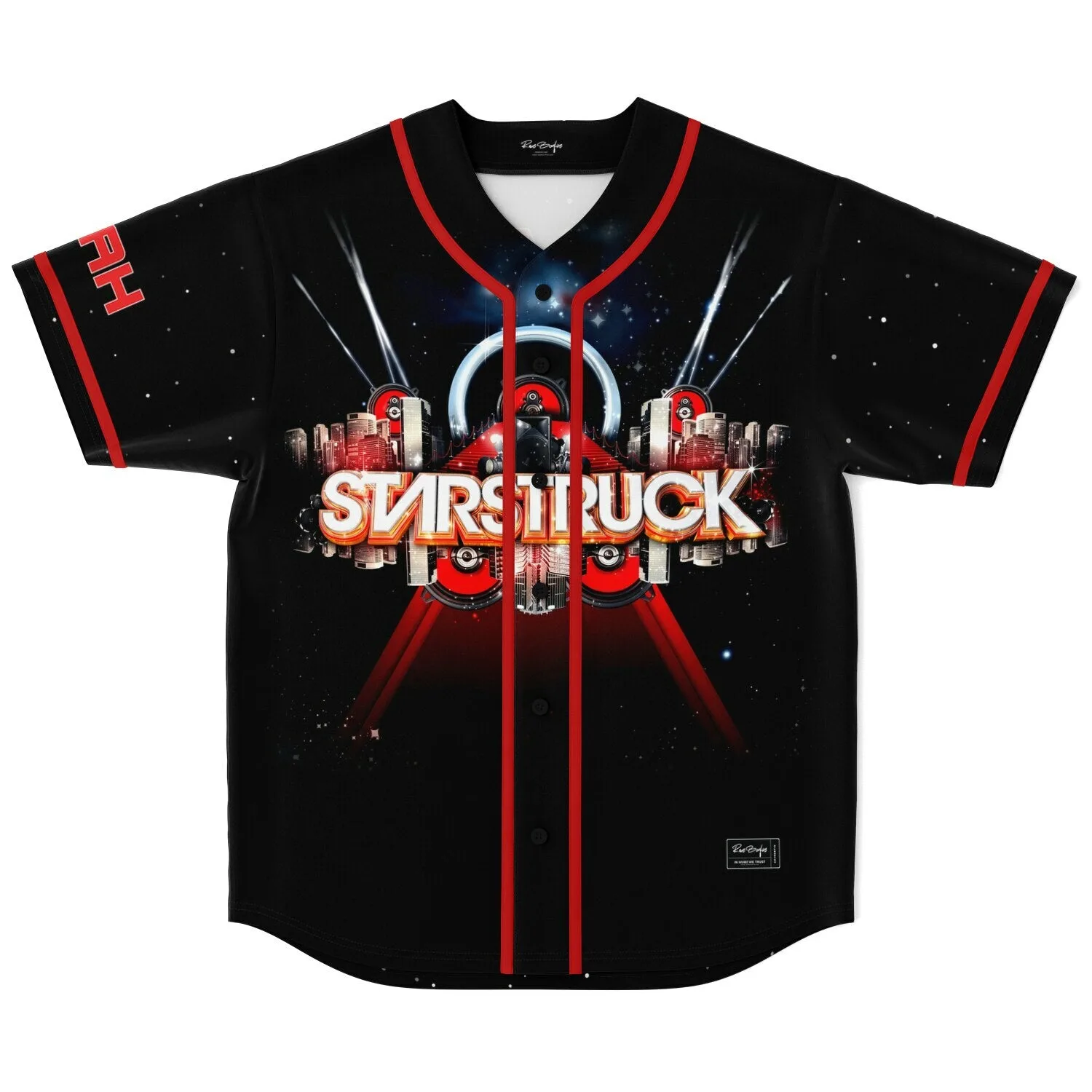 Black custom rave baseball jersey with red trim and 'STARSTRUCK' galaxy skyline chest print