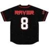 Back view of rave baseball jersey showing 'RAVER' text and number 8 on black galaxy print