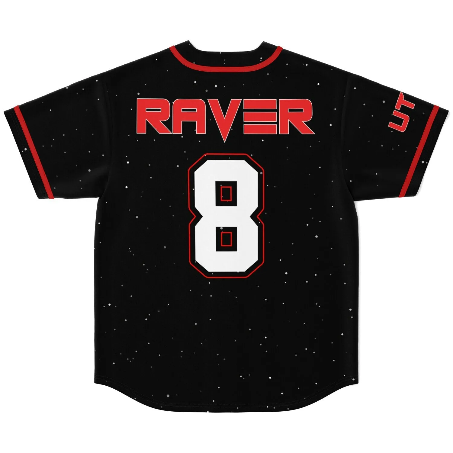 Back view of rave baseball jersey showing 'RAVER' text and number 8 on black galaxy print