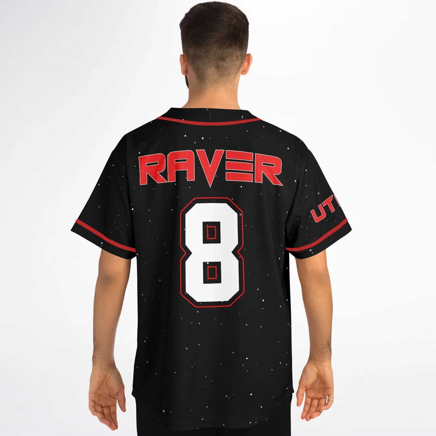 Model wearing black and red rave baseball jersey with 'RAVER 8' back print and sleeve lettering