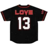 Back view of rave baseball jersey showing LOVE text and number 13 in red and white