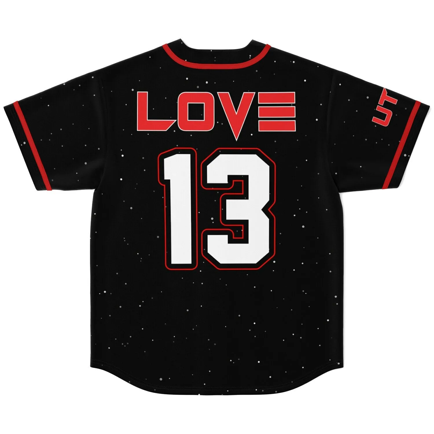 Back view of rave baseball jersey showing LOVE text and number 13 in red and white