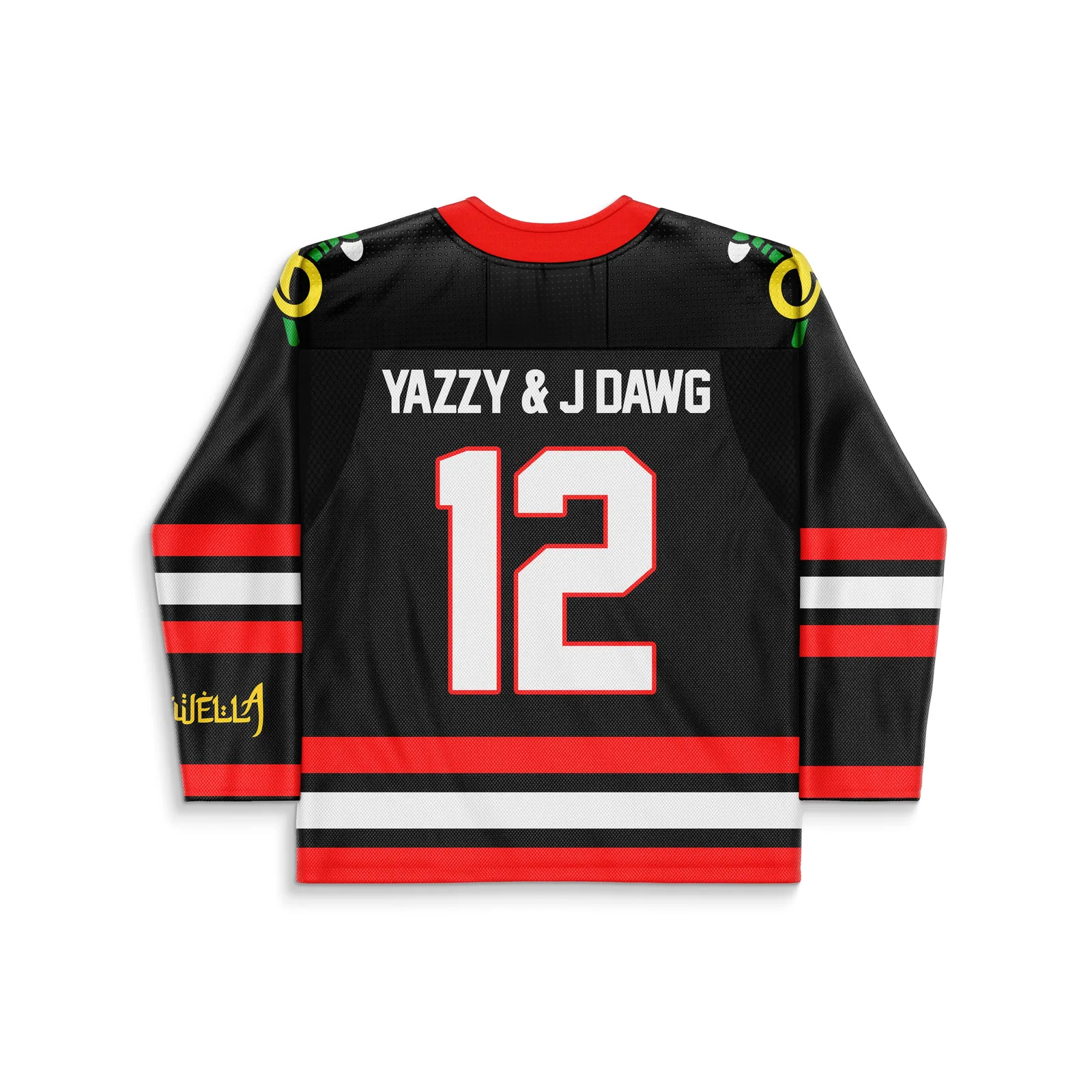 Back view of black custom rave hockey jersey with red stripes, custom name and number print, and gold sleeve text