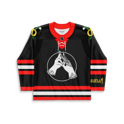 Front view of black rave hockey jersey with red lace-up collar, circular hand graphic chest print, and gold sleeve text