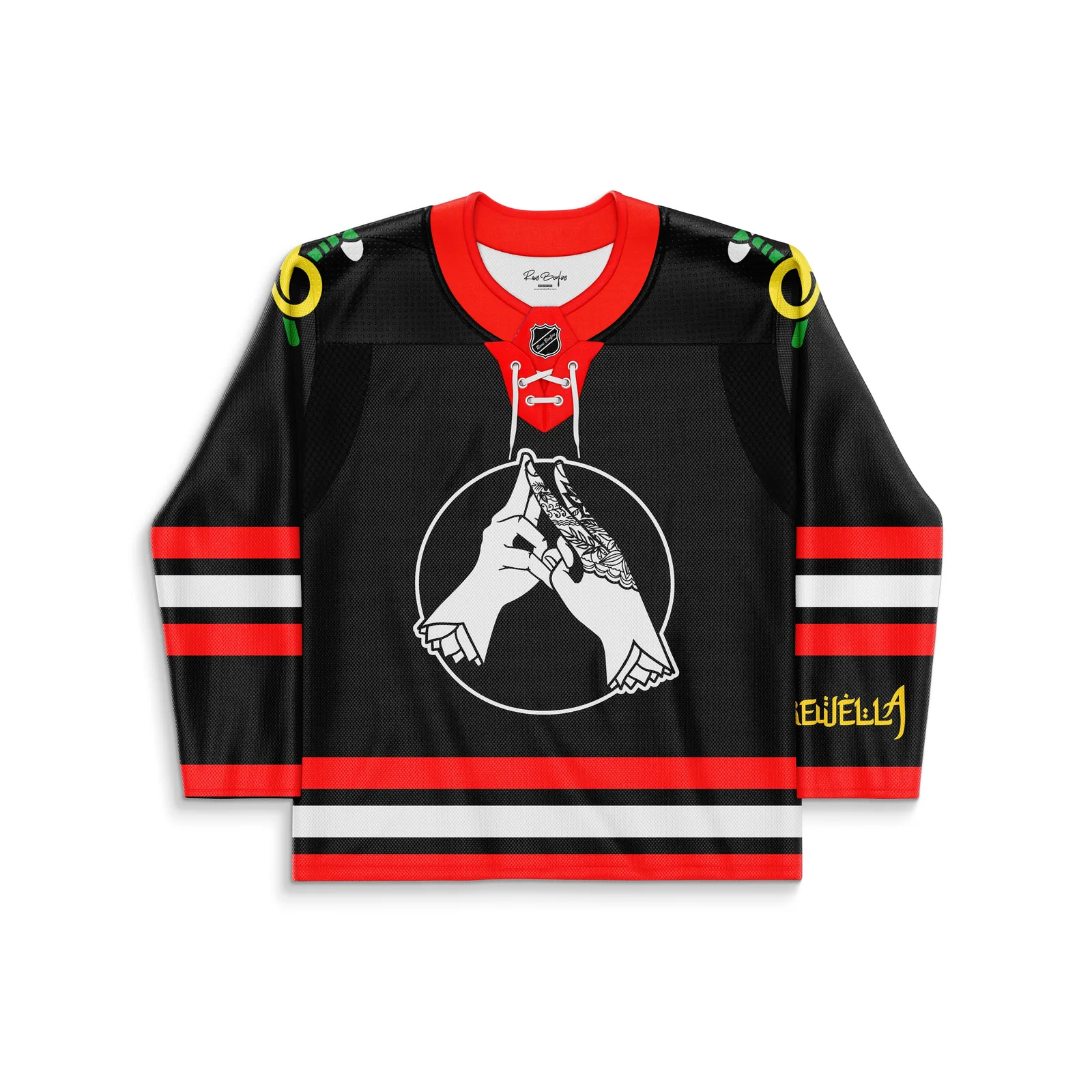 Front view of black rave hockey jersey with red lace-up collar, circular hand graphic chest print, and gold sleeve text