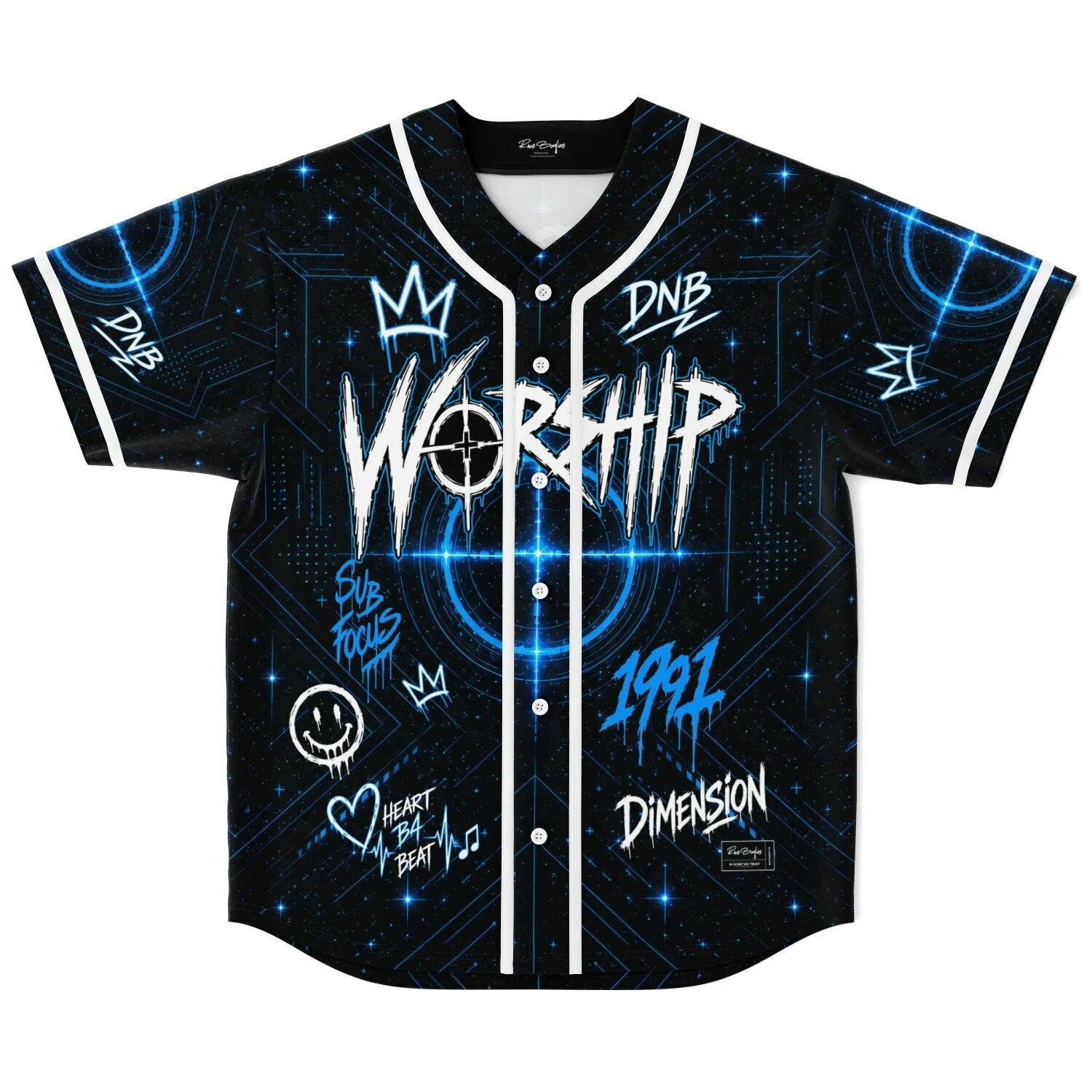 Front view of black drum and bass baseball jersey with neon blue circuit design, compass graphic, and 'WORSHIP' text print