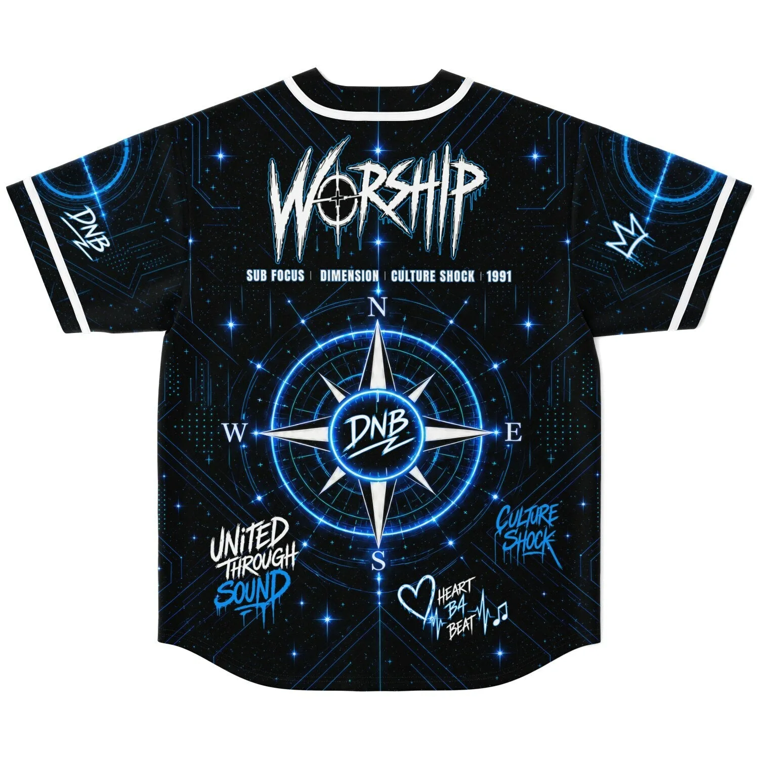 Back view of drum and bass baseball jersey showing large compass rose, 'DNB' center emblem, and 'WORSHIP' back print with fes