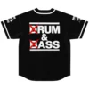 Black drum and bass baseball jersey back view with crossed-out DRUM & BASS text print and white trim