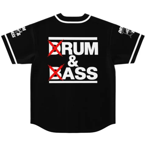 Black drum and bass baseball jersey back view with crossed-out DRUM & BASS text print and white trim