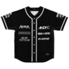 Black drum and bass baseball jersey front view showing DJ lineup chest print with white button placket