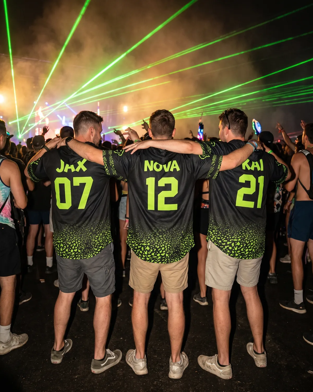 Three friends in black and neon green crew jerseys with fictional names JAX, NOVA, and KAI printed above different back numbers