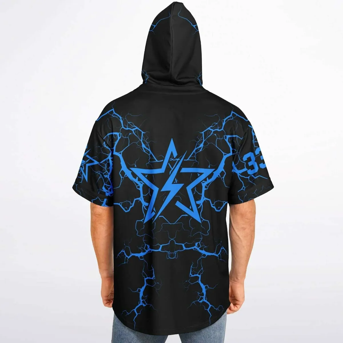 Back view of Rave Bonfire black hooded baseball jersey with electric blue lightning artwork on a model