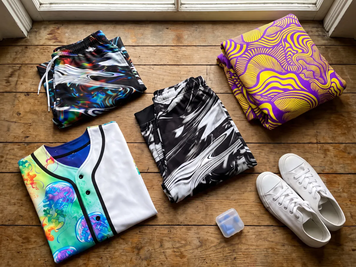 Four festival packing pieces: jellyfish reversible jersey, glitch print shorts and joggers, and purple contour cloak beside white sneakers