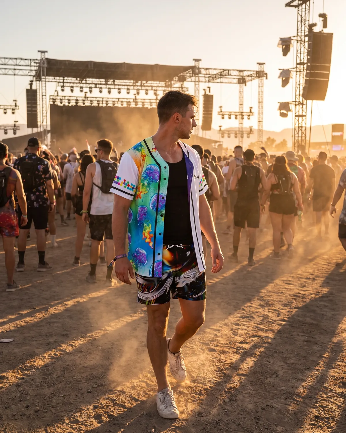 Man wearing an open white jellyfish reversible baseball jersey over a black tank with glitch print shorts at a warm outdoor festival