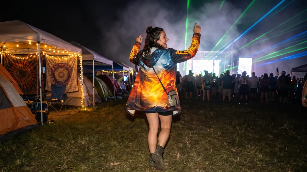 A raver in a rising phoenix print rave cloak dancing at night at the edge of a festival campground, tents with string lights beside her and stage lasers overhead