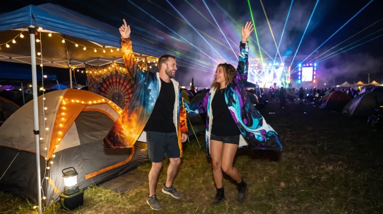 Two friends in hooded rave cloaks, one with a rising phoenix print and one purple marbled, dancing in front of their tent at a festival campsite at night as stage lasers light the sky