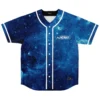 Front view of blue galaxy nebula baseball jersey with white piping and ARUBE chest logo