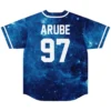 Back view of galaxy print baseball jersey showing ARUBE text and number 97 in white lettering
