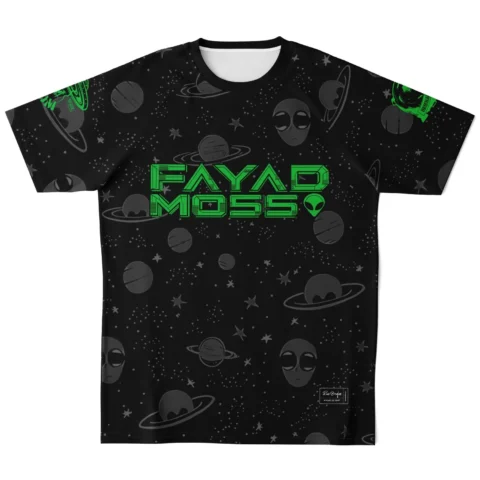 Front view of black galaxy print soccer jersey with green FAYAD MOSS text and alien icon on chest