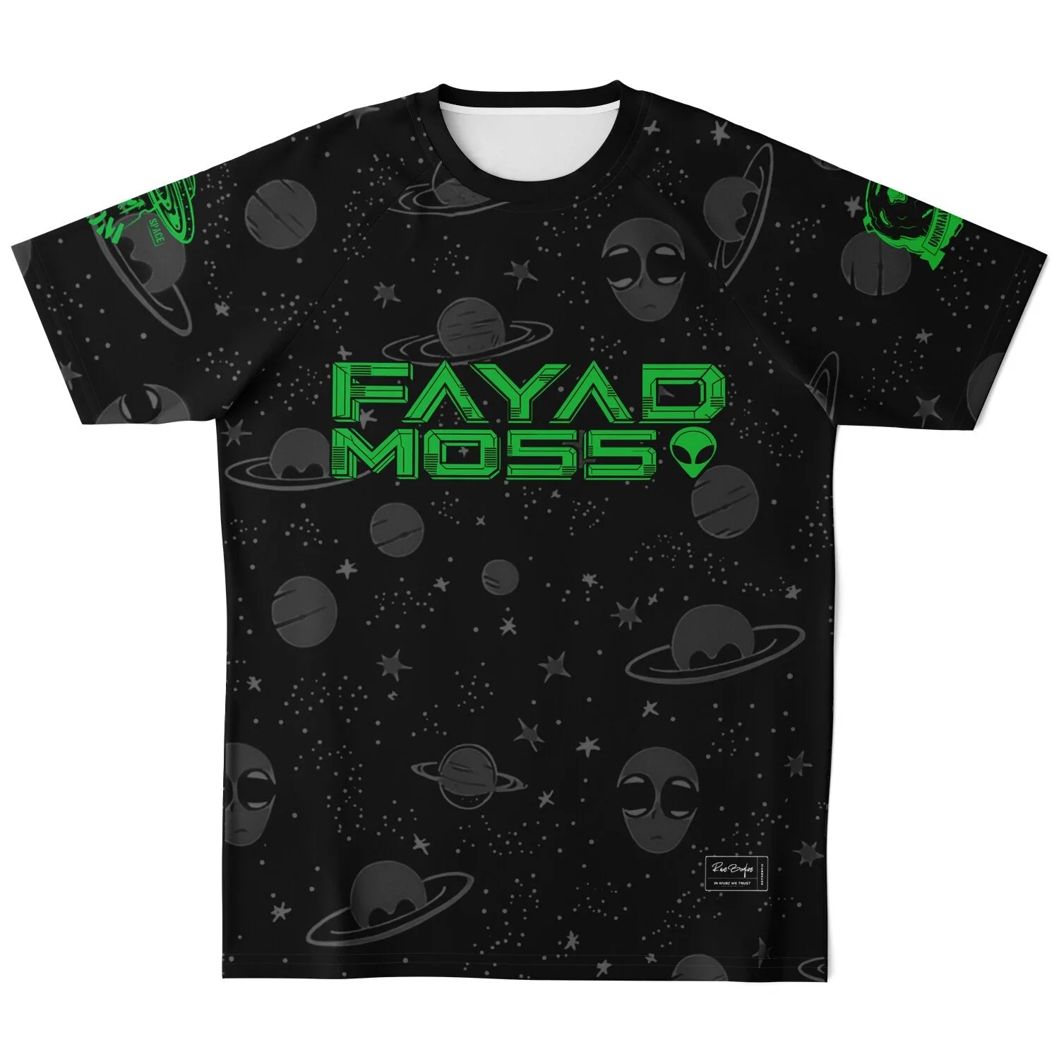 Front view of black galaxy print soccer jersey with green FAYAD MOSS text and alien icon on chest