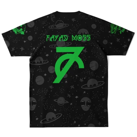 Back view of galaxy print soccer jersey showing FAYAD MOSS text and green number-style logo