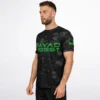 Full front flat lay of custom soccer jersey with space-themed print and green lettering